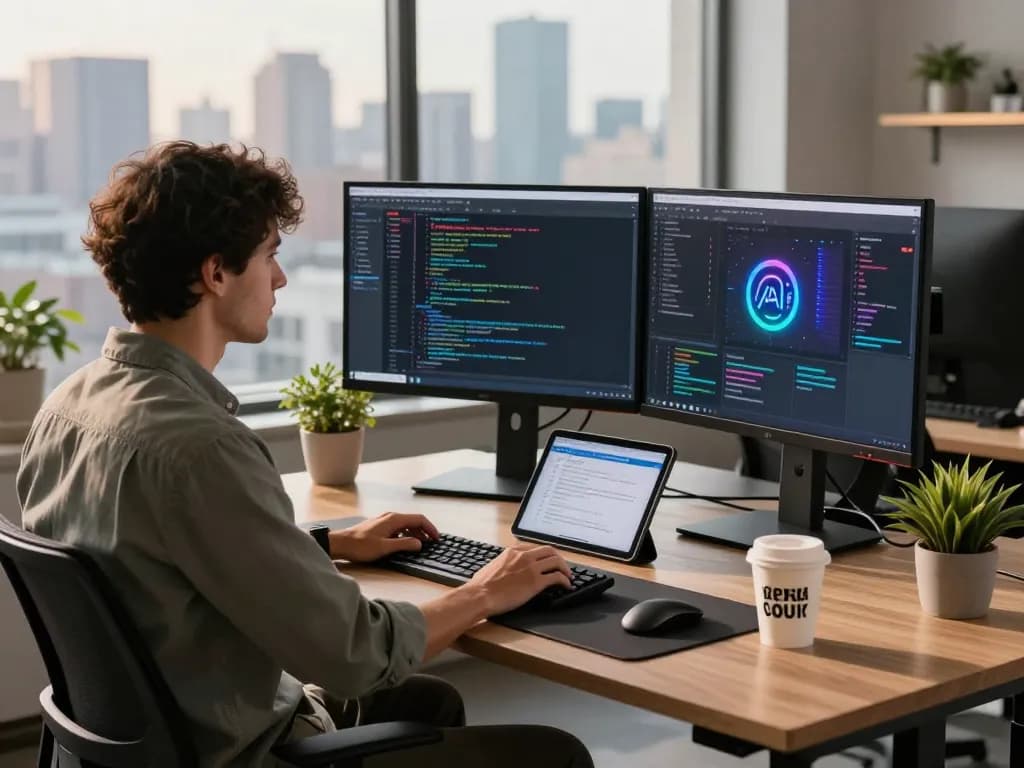 Developer using Clawdbot AI on dual monitors in a modern office with code on screens.