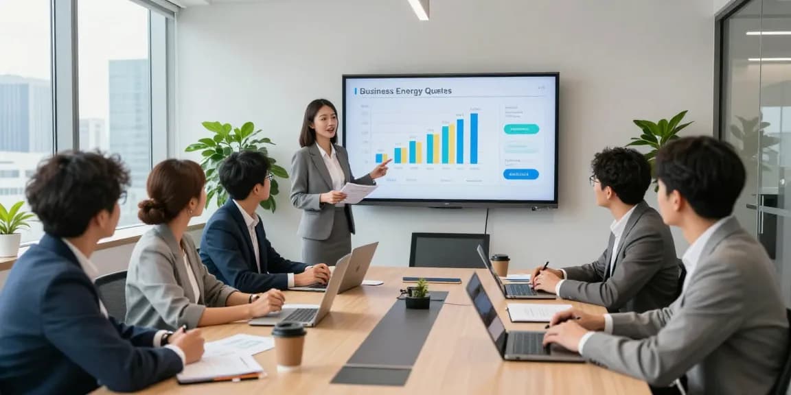 Business professionals collaborating on strategies for competitive business energy quotes in a modern office setting.