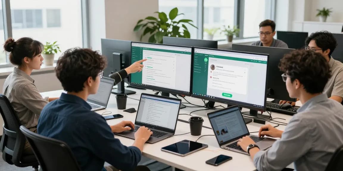 Collaborative team discussing WhatsApp網頁版 features in a modern office.