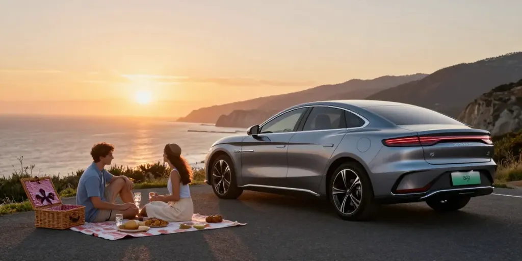 Noleggio lungo termine BYD con un'auto elegante sulla strada costiera, coppia che gode di un picnic al tramonto.