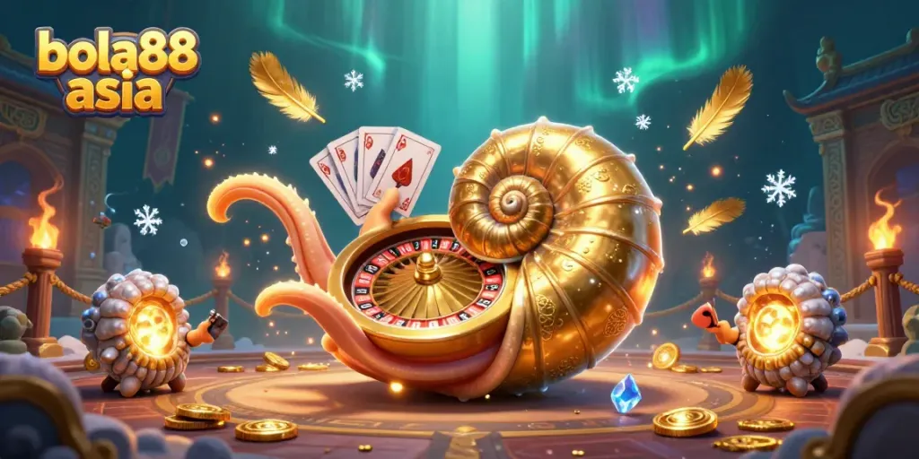 Engage with vibrant bola88 asia 3D casino illustration featuring a giant nautilus roulette wheel.