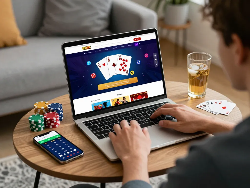 Player exploring the 99ok online gambling platform with gaming elements and a cozy ambiance