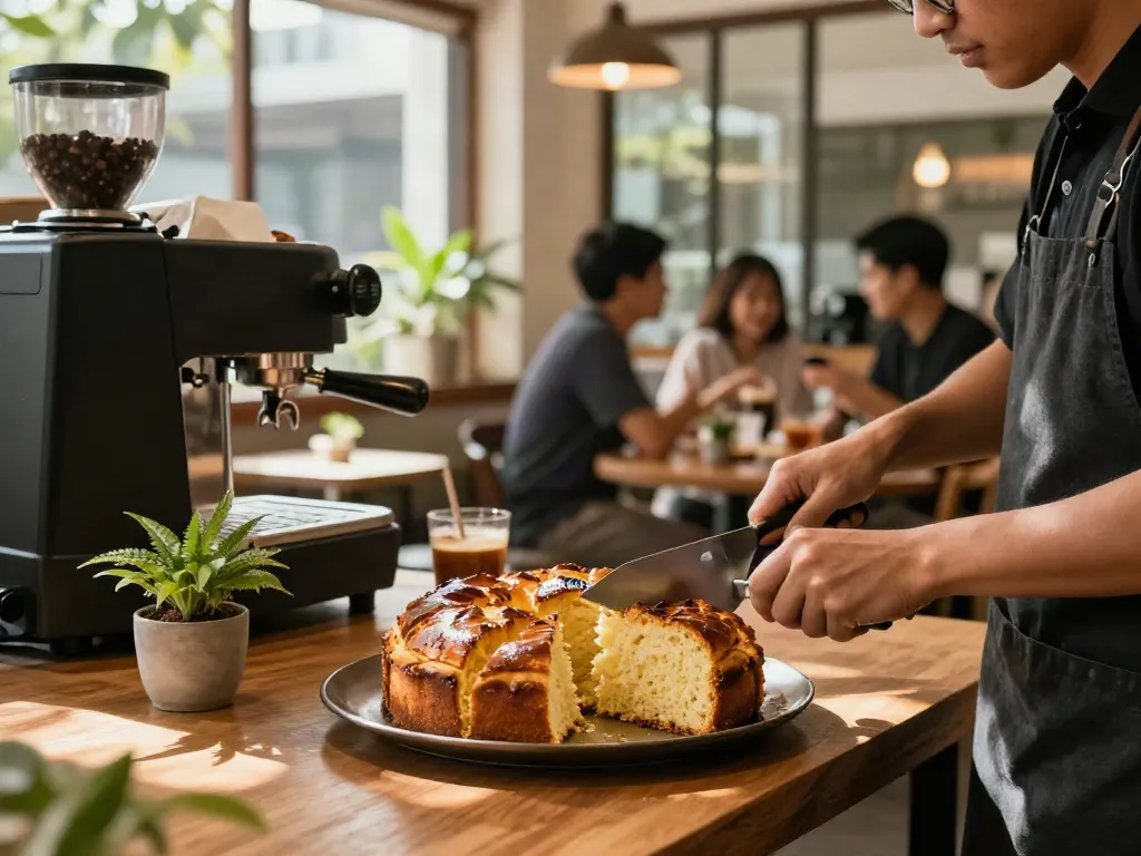 Enjoying ROKOK88 bolu bakar in a cozy café during rokok88 login.