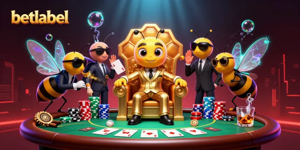 Engage with betlabel's thrilling poker scene featuring a mob bumblebee boss and vibrant game elements.