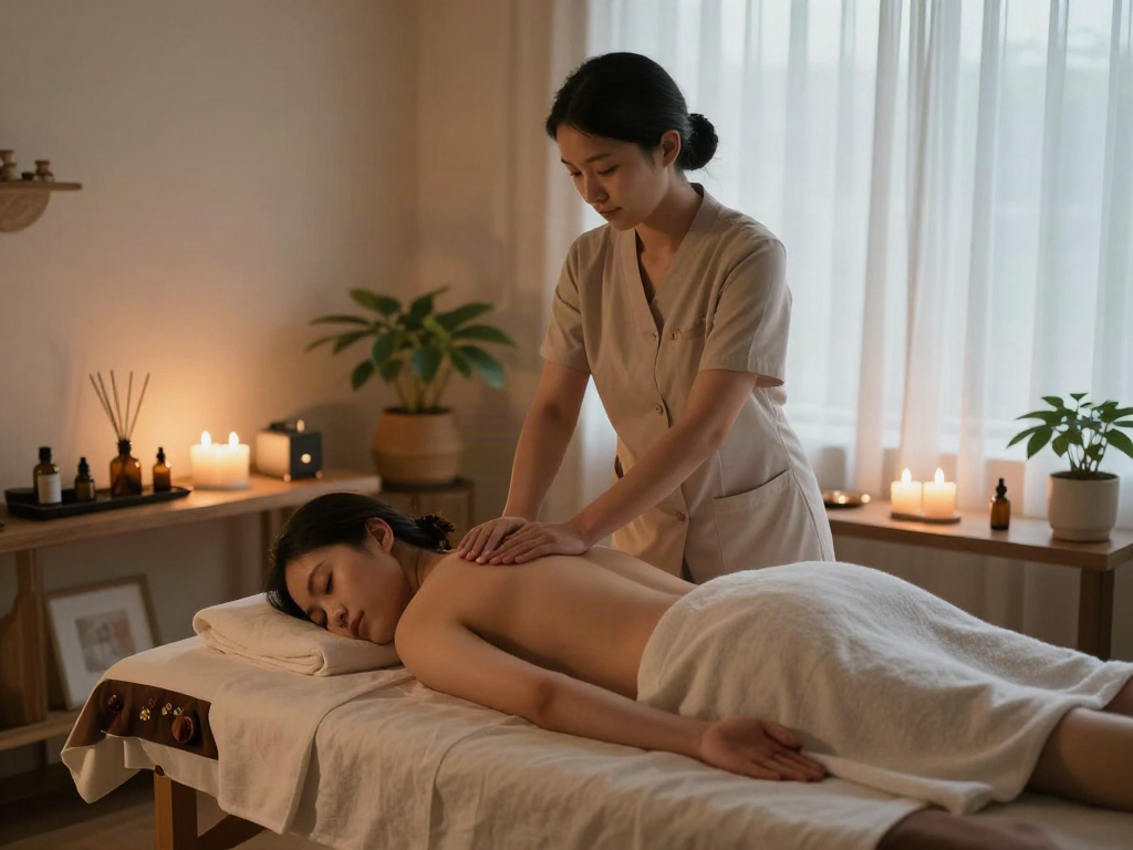 천호동출장마사지 therapy session in a tranquil wellness room with calming elements.