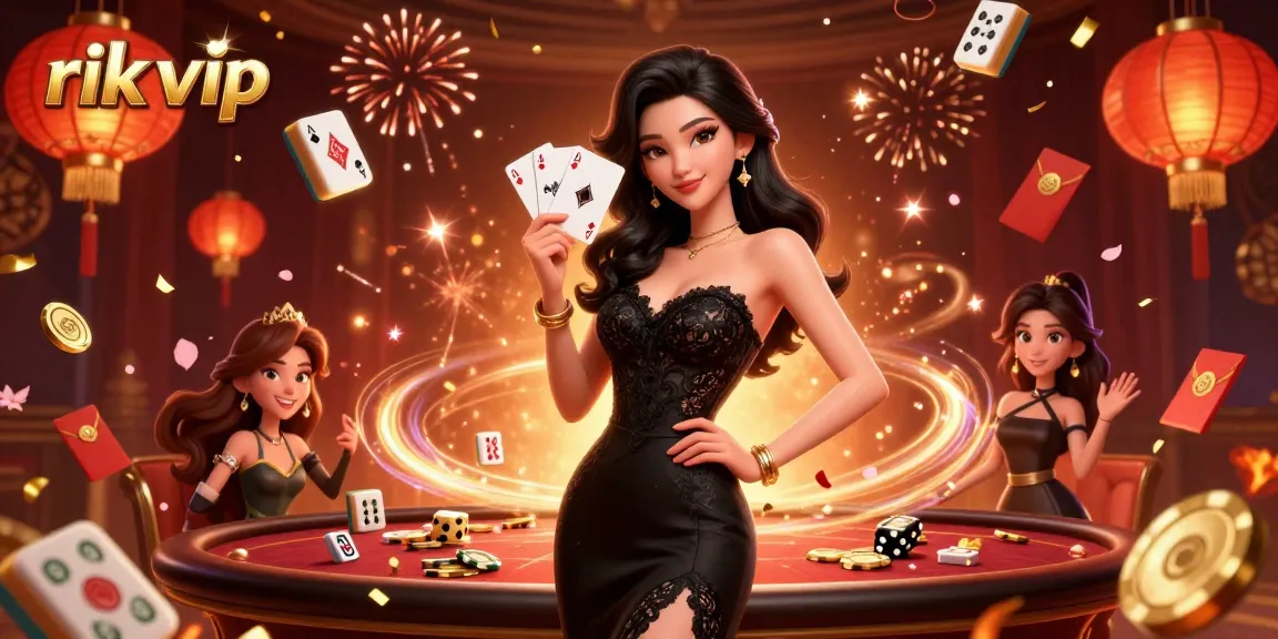 Engage in thrilling play at rik vip, featuring a glamorous dealer with cards in a vibrant casino.