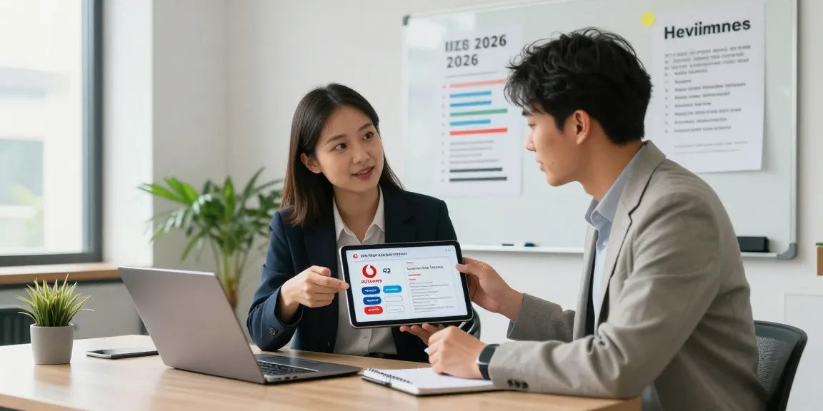 Comparative analysis of Vodafone vs O2 business mobile options in a modern office setting with professionals discussing mobile plans.