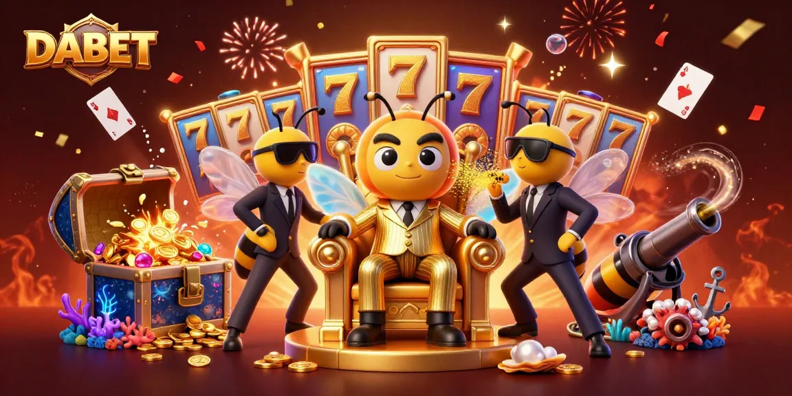 DABET showcases an exciting casino scene with vibrant slot games, featuring a bumblebee mob boss surrounded by treasures and playing cards.
