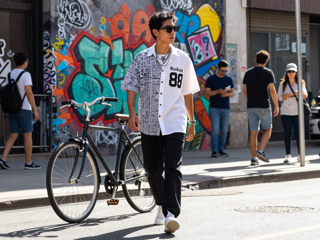 Stylish Rokok 88 outfit showcased on a city street, capturing urban fashion.