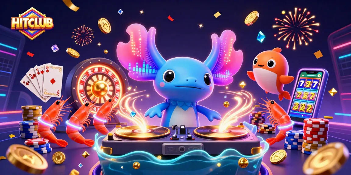 Experience the excitement of HITCLUB with colorful characters and casino elements in a vibrant 3D illustration.