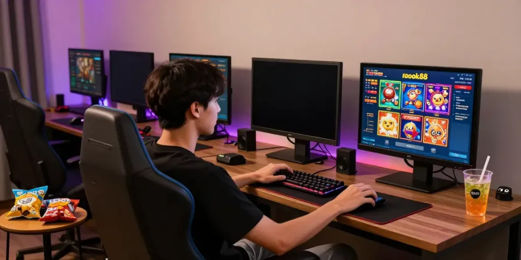 Exciting rokok88 slot login gaming setup with vibrant screens and cozy atmosphere.
