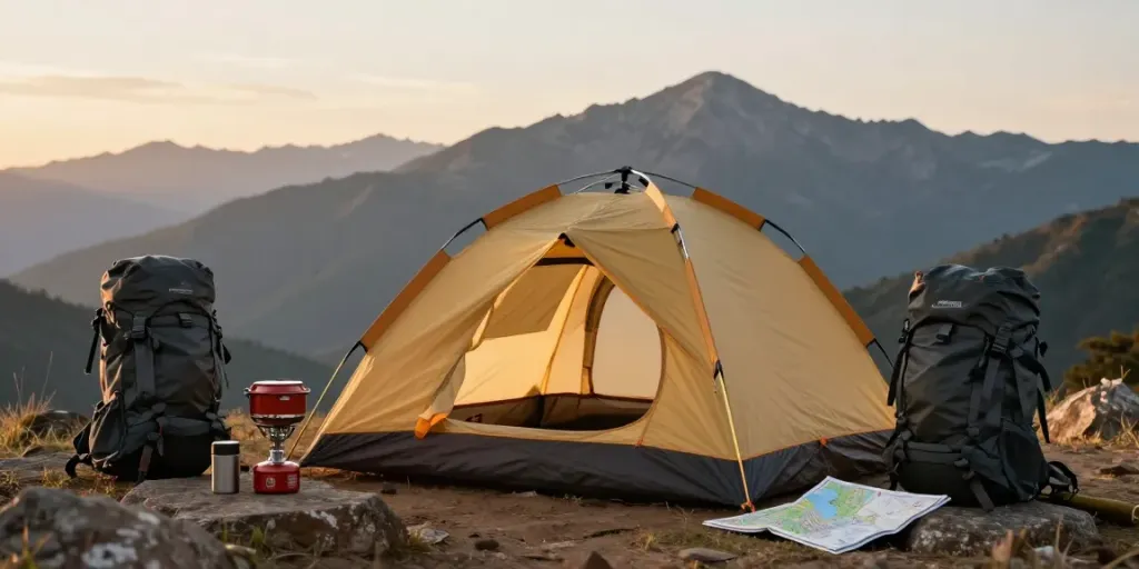 Camping gear by ROKOK88 showcased in scenic mountain setting at sunset