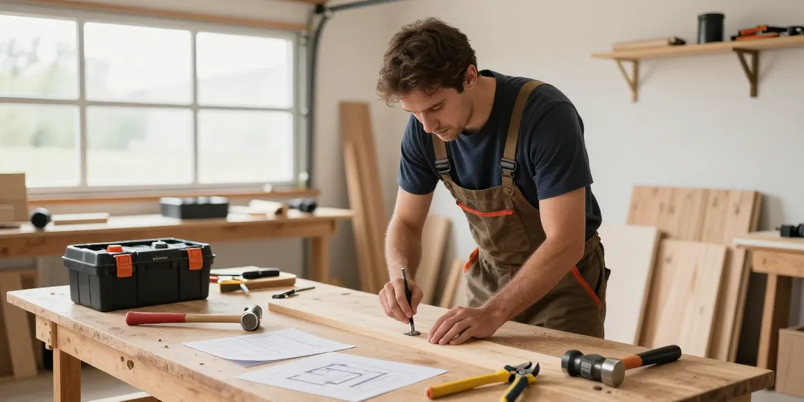Un cacciavite a croce utilizzato da un artigiano in un laboratorio di bricolage, circondato da strumenti e progetti di legno.