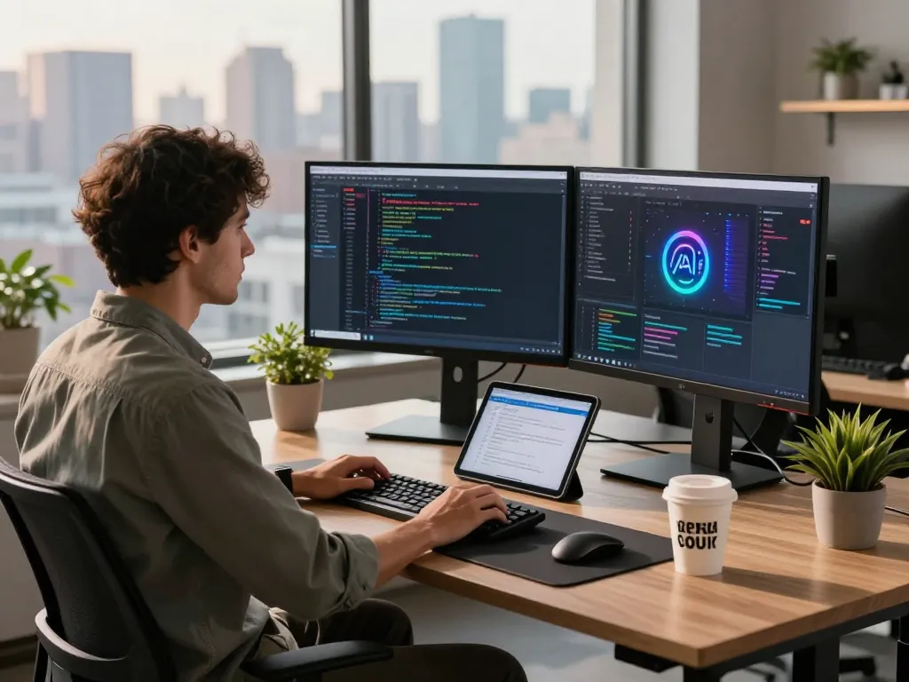 Developer using Clawdbot AI on dual monitors in a modern office with code on screens.
