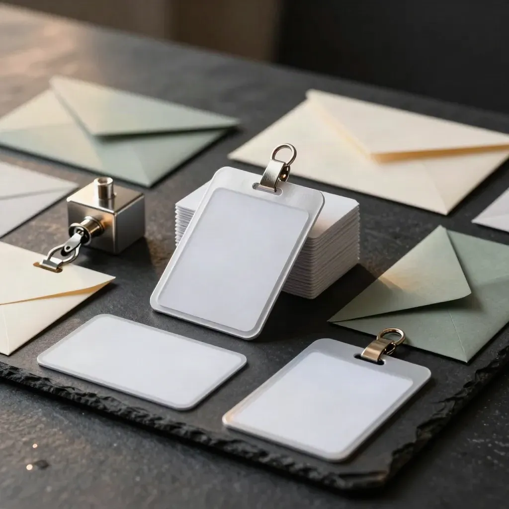 Badge e accessori metallici su ardesia scura, luce morbida e atmosfera premium.