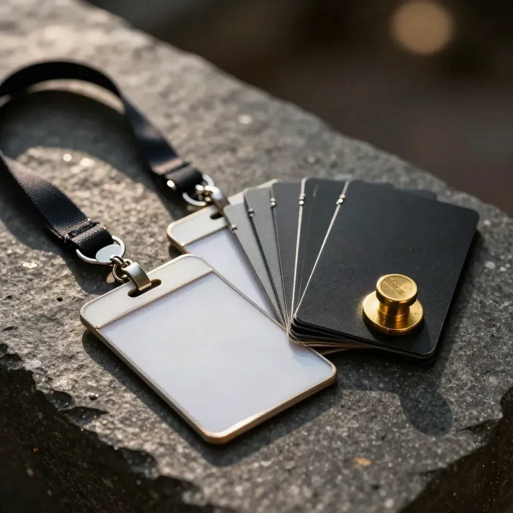 Badge conferenza usurati, clips e timbro in ottone su pietra scura, luce calda