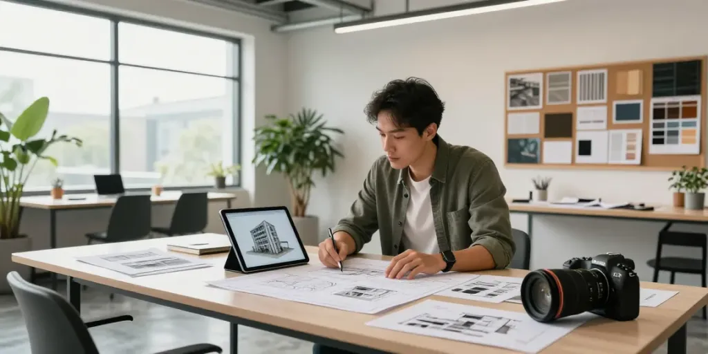 Inspiring architecture scene at https://rokok88.net with an architect reviewing designs in a modern studio.