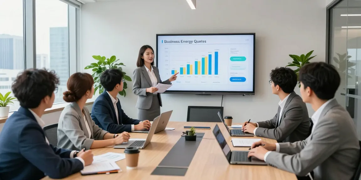 Business professionals collaborating on strategies for competitive business energy quotes in a modern office setting.