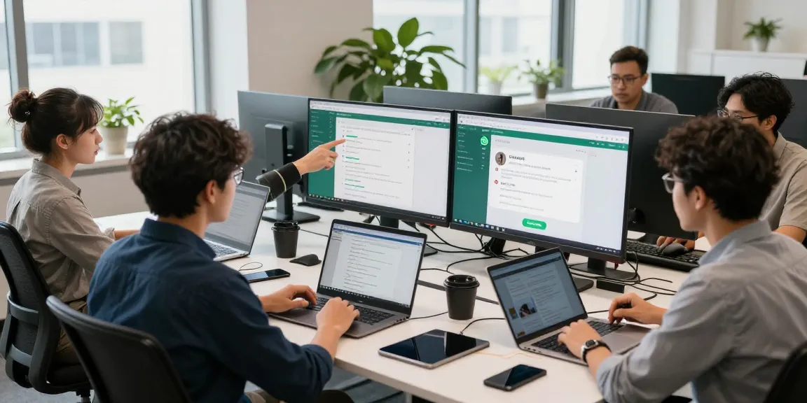 Collaborative team discussing WhatsApp網頁版 features in a modern office.