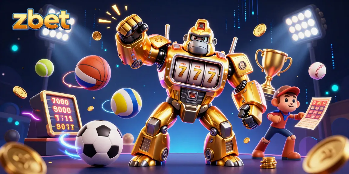 Zbet showcases a thrilling gaming experience with a golden gorilla mech, sports elements, and dynamic visuals.