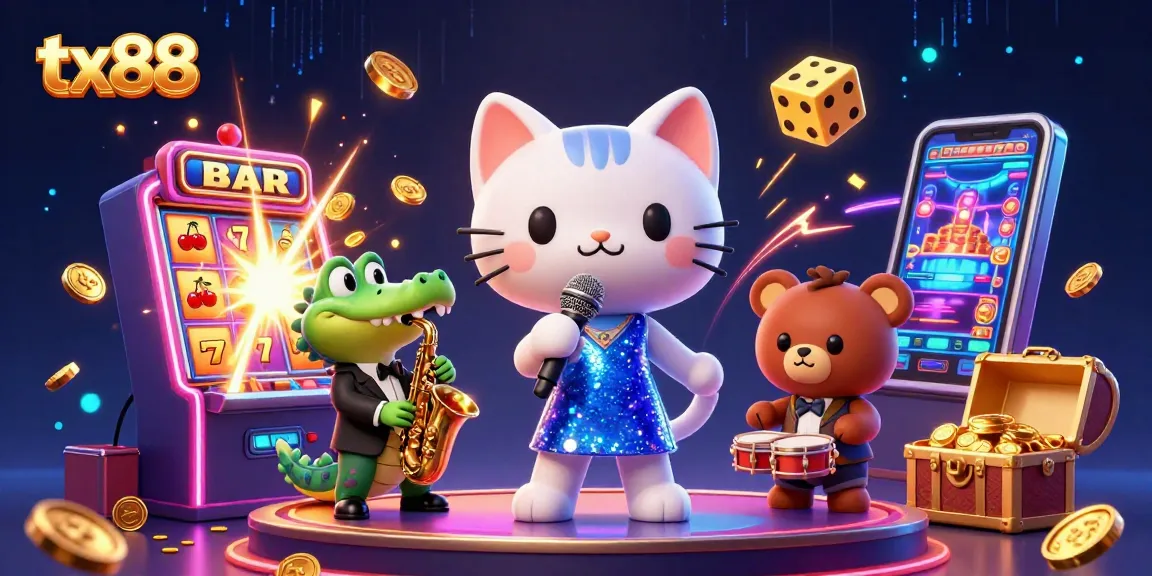 Experience the excitement of tx88 with vibrant characters and a jackpot explosion in this captivating casino illustration.