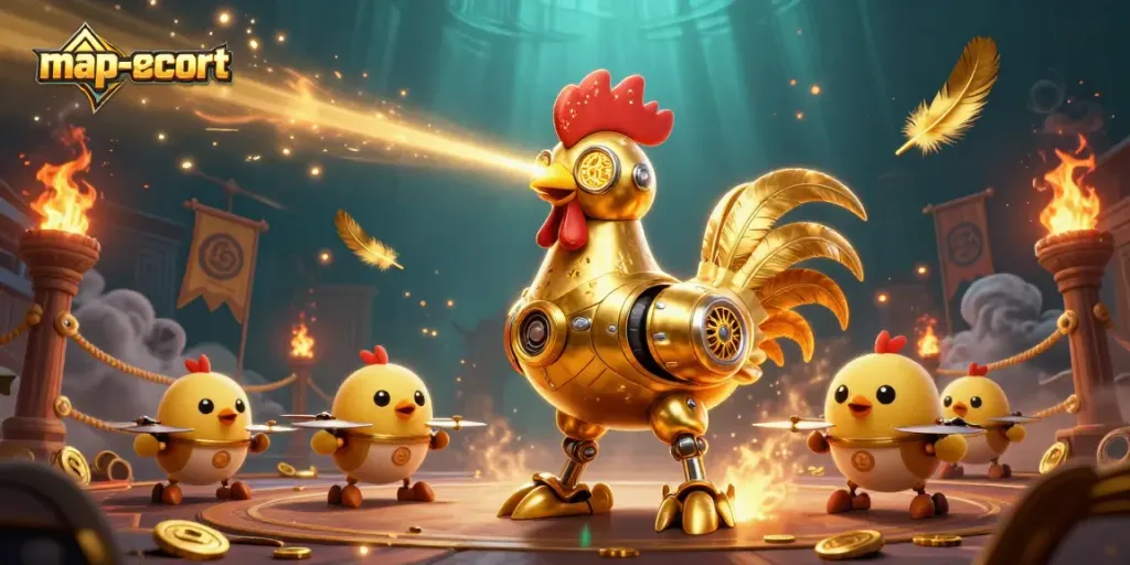 Win big at map-escort with a futuristic casino scene showcasing a golden rooster robot amidst exciting gambling elements.