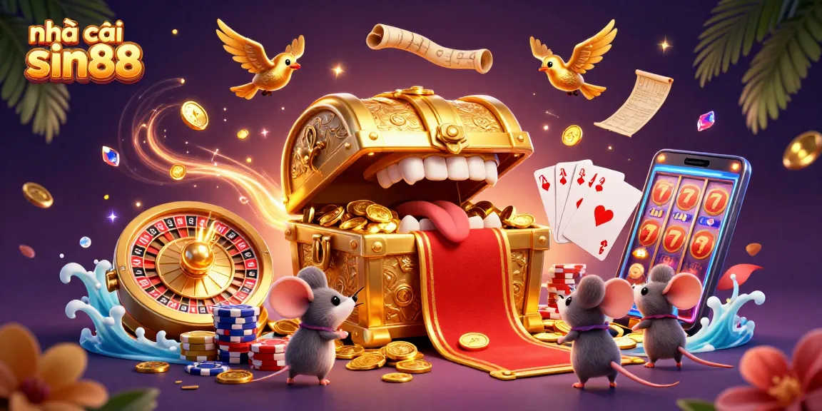 Experience the excitement at nhà cái sin88 with a vibrant illustration of a treasure chest and dynamic gaming elements.