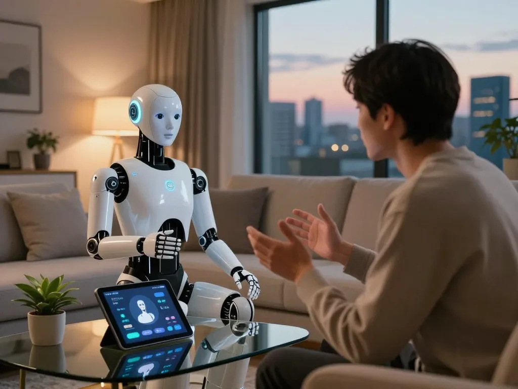 Engaging interaction with a sex bot in a modern living room setting, showcasing advanced AI technology and realistic features.