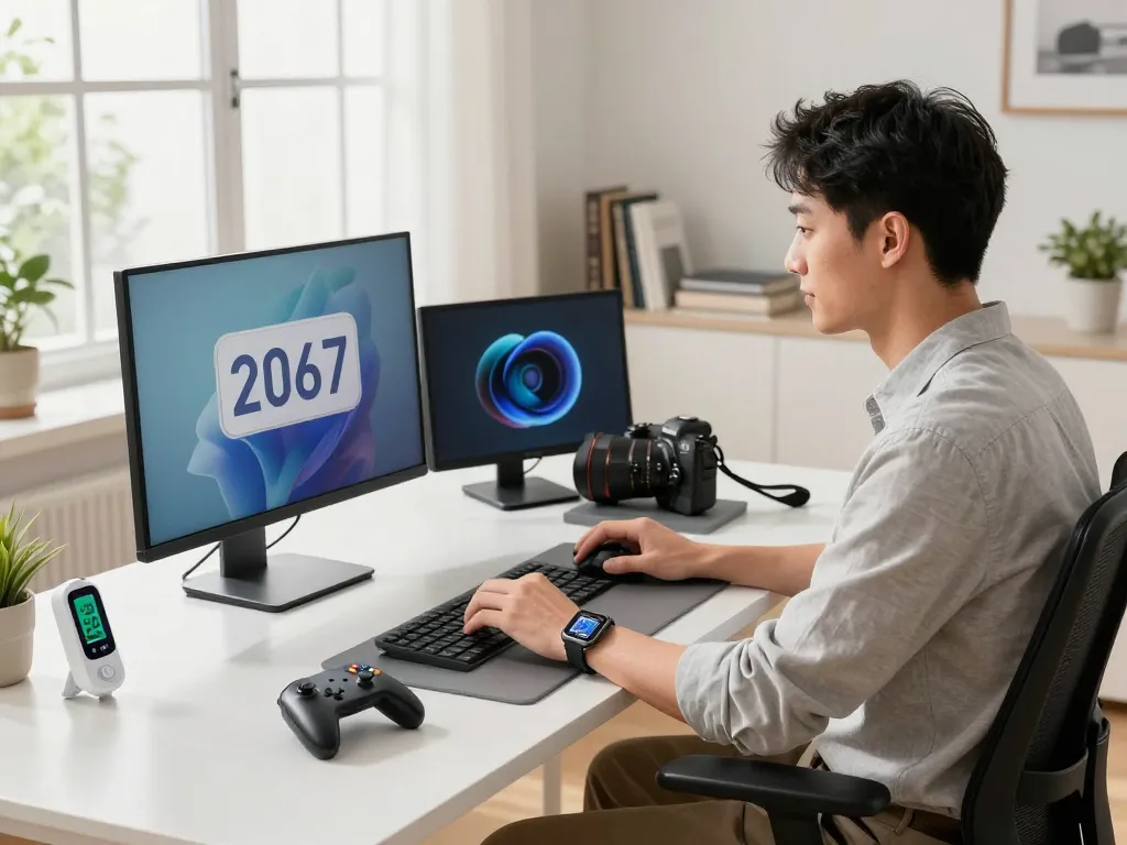 Showcasing the latest tech gadgets 2067 in a modern home office with a Bluetooth controller and smartwatch.