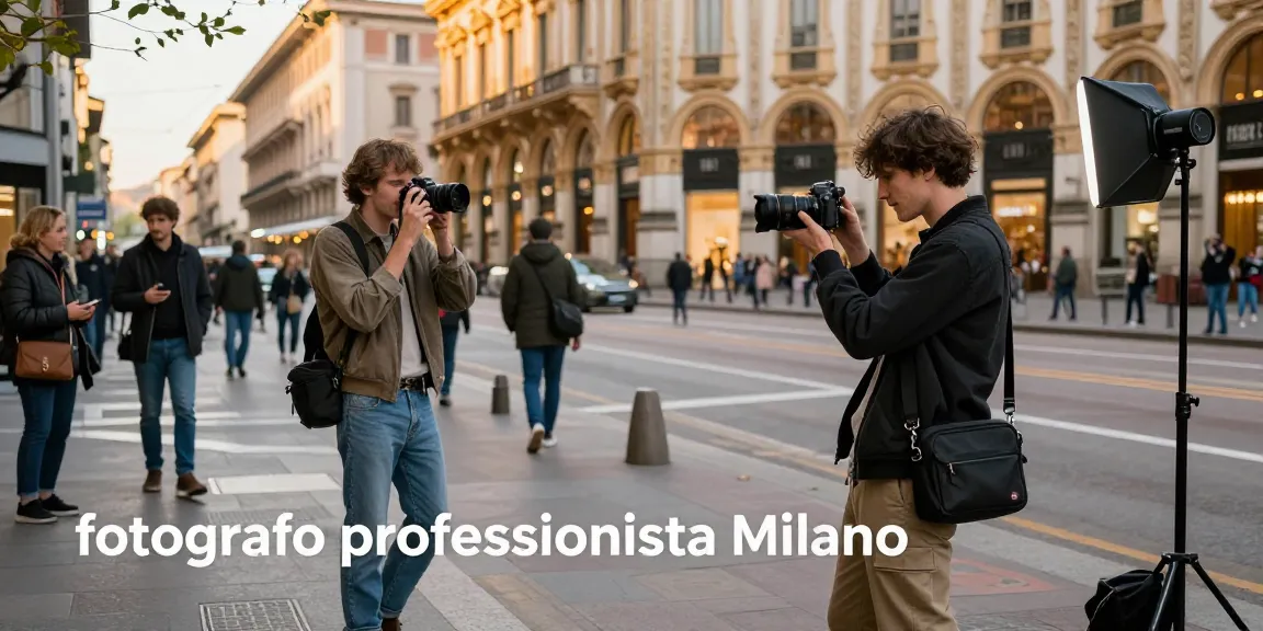 Scena dinamica di un fotografo professionista Milano che cattura ritratti nelle vivaci strade di Milano.