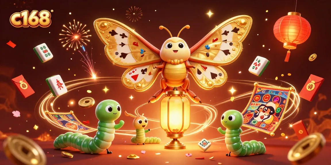 Experience thrilling moments with c168 featuring a majestic atlas moth amid vibrant casino elements and festive decorations.