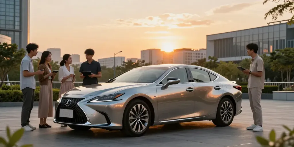 Noleggio lungo termine Lexus: auto elegante in ambiente urbano al tramonto con consulenza amichevole.