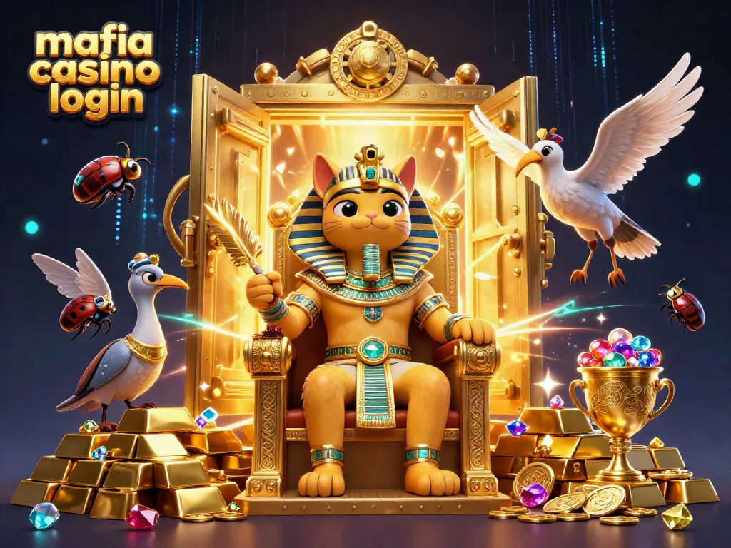 Mafia casino login dynamic scene with cartoon Egyptian pharaoh cat, treasure vault, and lavish jewels.