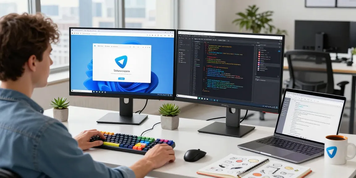 Engaging workspace showcasing the Telegram web version with tech gadgets and a vibrant city view, emphasizing modern productivity.