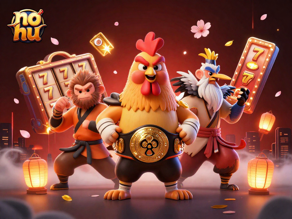 Experience thrilling no hu slots with a fierce rooster, monkey martial artist, and crane master in a vivid casino scene.