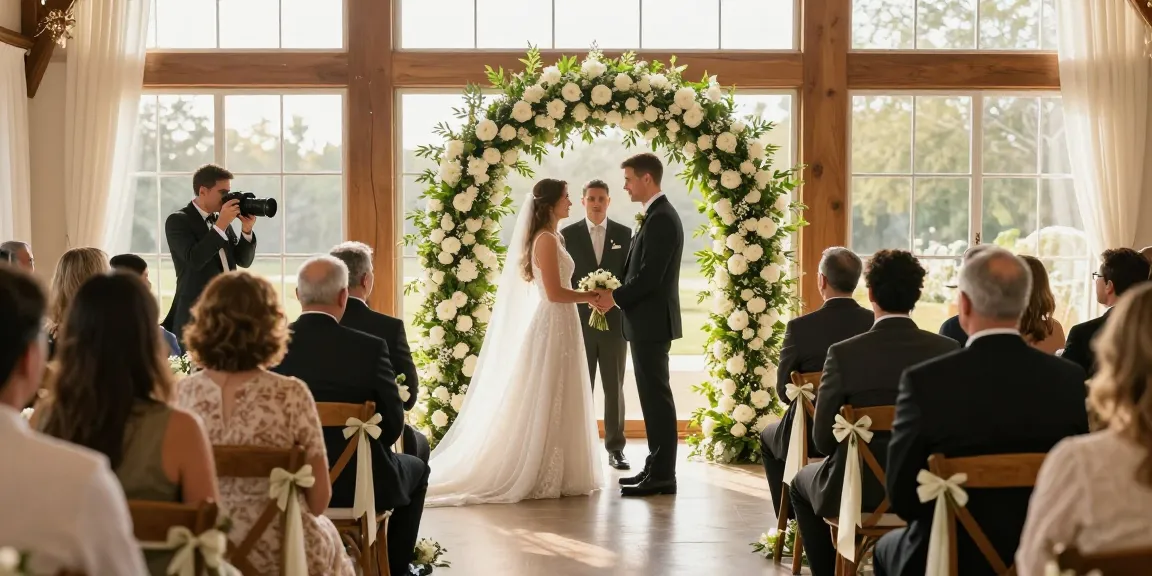 Couple vows at religious wedding venue with decorations, showcasing https://bluevenues.com ambiance.