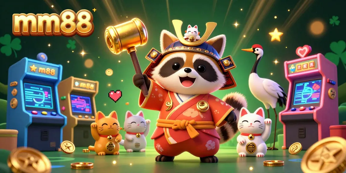 Experience the excitement of mm88 with a colorful 3D casino illustration featuring a happy tanuki and lucky symbols.