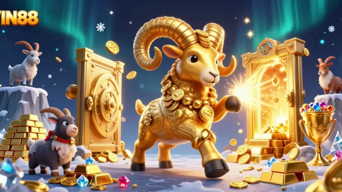 VIN88 captures the excitement of online gambling with a dynamic 3D illustration of a golden ram and treasures.
