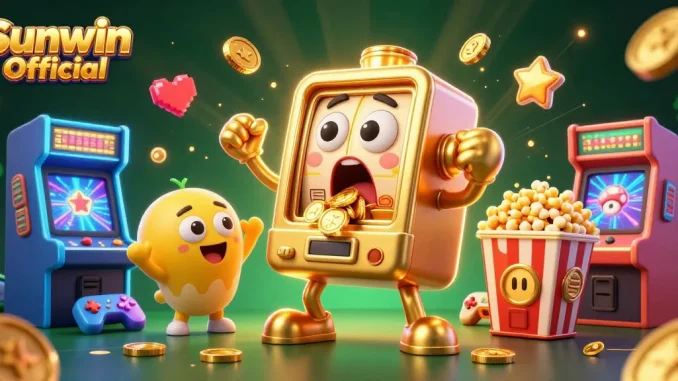 Engage with Sunwin Official as cartoon slot machines celebrate a jackpot with vibrant casino elements.