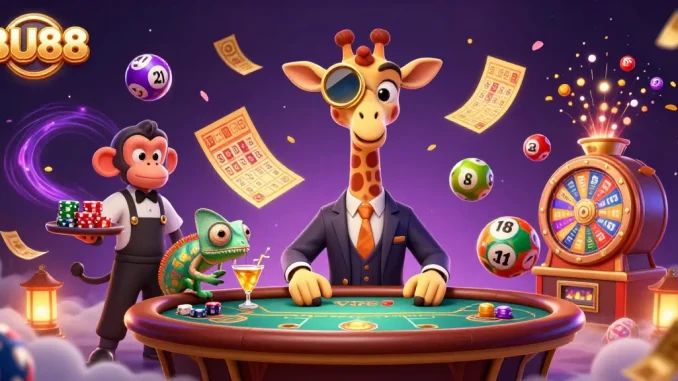 Win exciting prizes with BU88 while a high-roller giraffe and friends celebrate in vibrant casino colors.