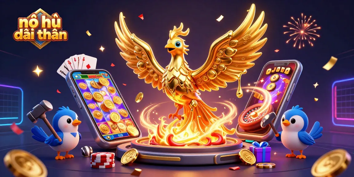 Engage in nổ hũ đổi thưởng with golden phoenix symbolizing jackpot opportunities in a vibrant casino illustration.