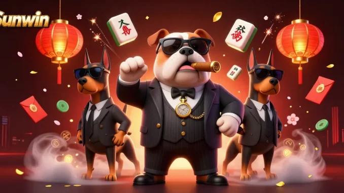 Sunwin casino illustration featuring a mafia bulldog and Doberman bodyguards surrounded by gaming elements.
