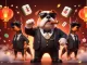 Sunwin casino illustration featuring a mafia bulldog and Doberman bodyguards surrounded by gaming elements.