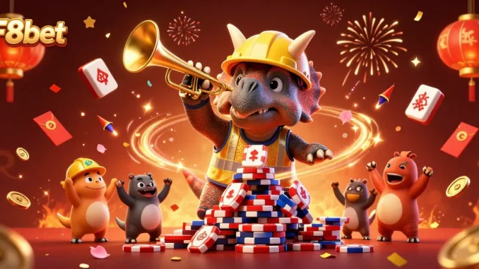 Engage with F8bet through this vibrant 3D illustration showcasing playful dinosaurs celebrating their casino victory.