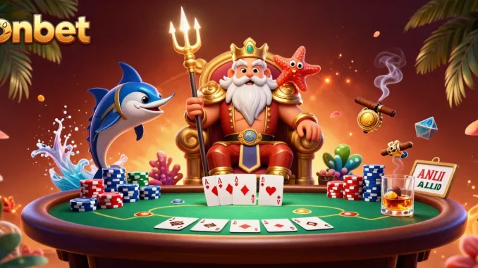 Bet with onbet at a vibrant 3D casino scene featuring Neptune, poker elements, and colorful chips.