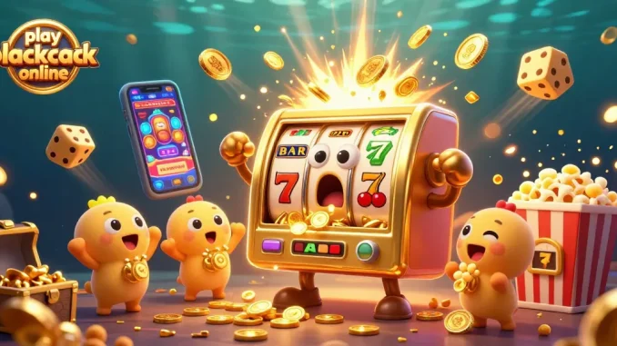 Playing blackjack online with fun animated elements in this vibrant casino-themed scene.